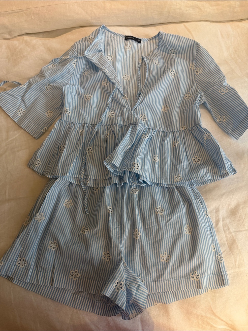 Light Blue Striped Set with Eyelet Flowers